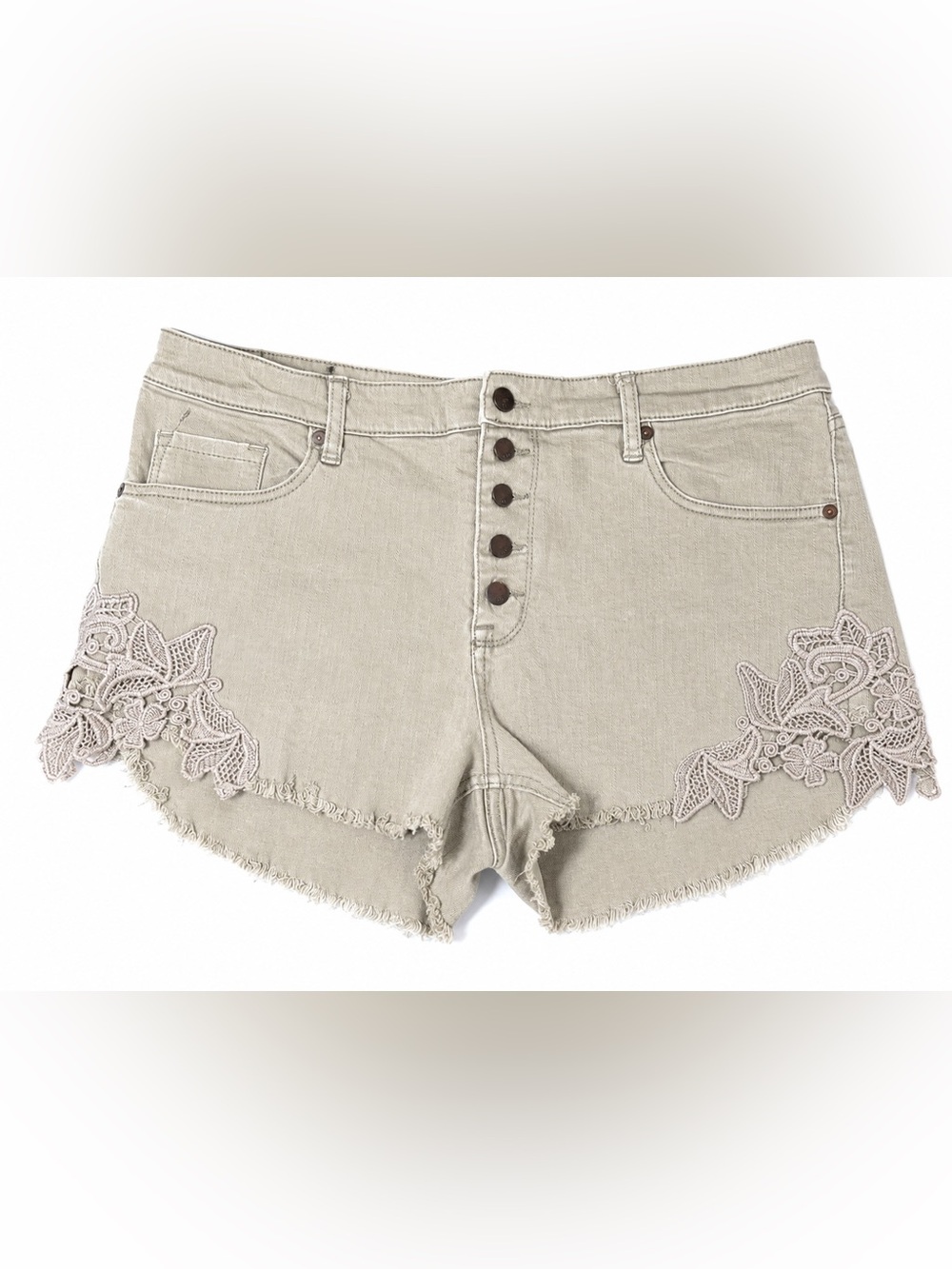 Denim Shorts Beige Lace Button FlyBoho Festival Coastal Cowgirl Summer